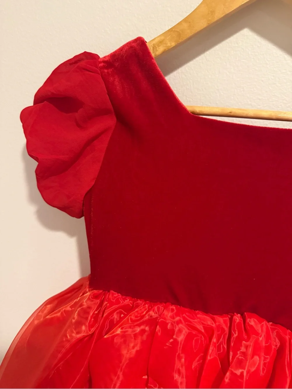 Taylor Joelle Holly Bloom Girls Red Velvet Party Dress Puff Sleeve Organza 10
